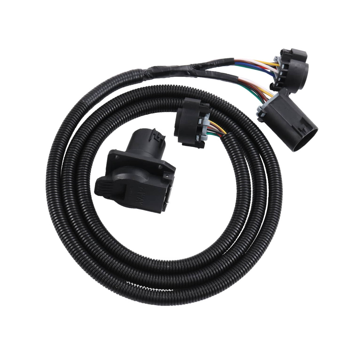 Black coiled trailer wiring harness extension with three rectangular connector housings