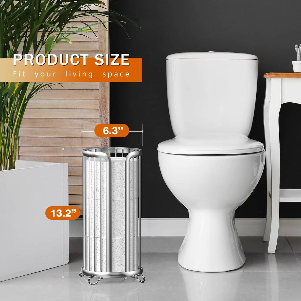 Freestanding silver toilet paper holder stand with round top and open vertical bars