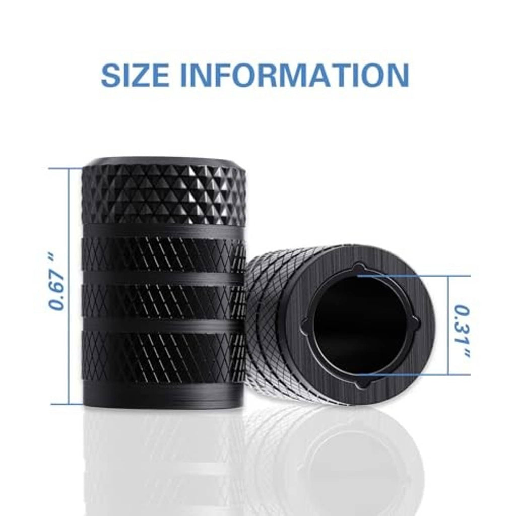 Black tire valve stem caps with size markers, showing valve opening diameter