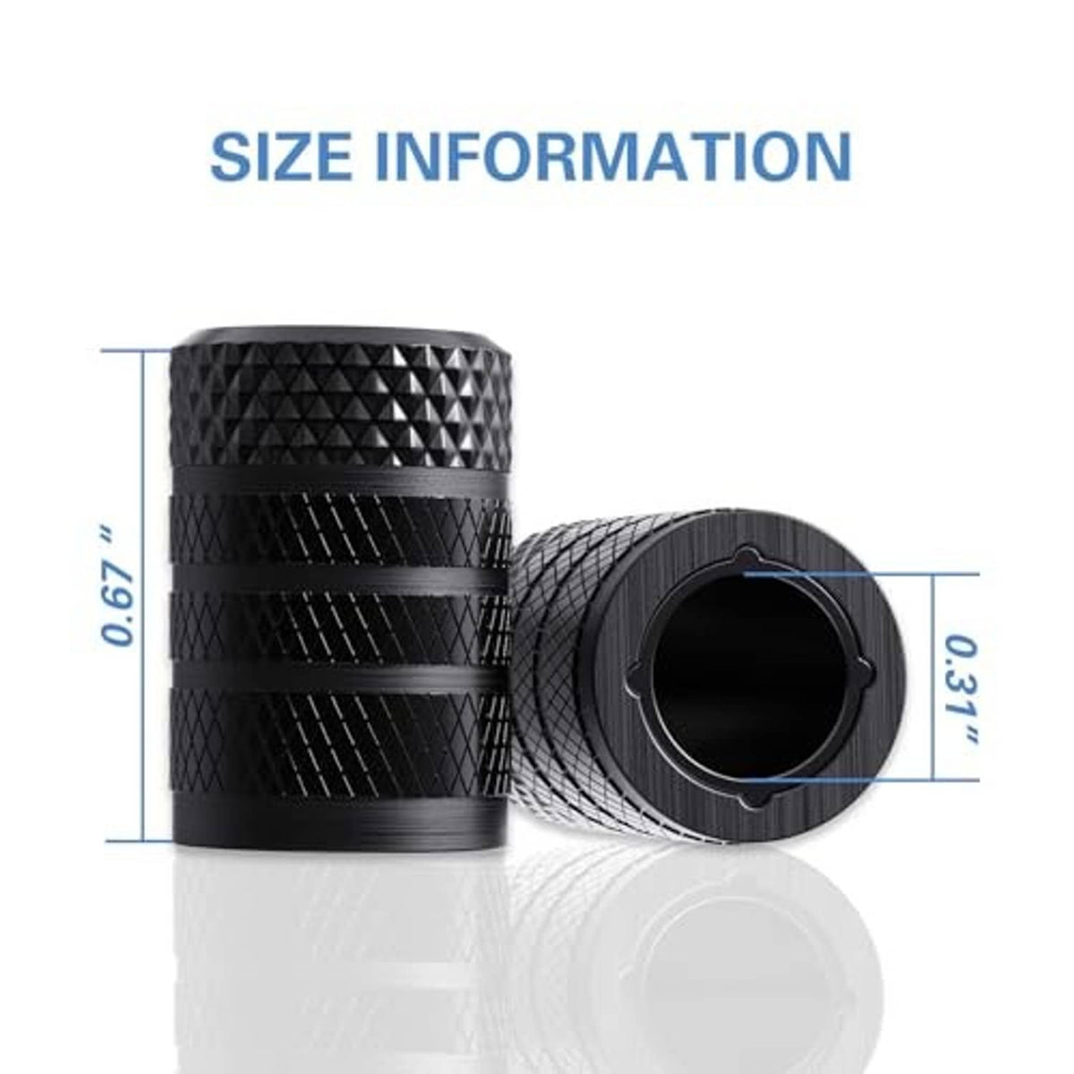 Black tire valve stem caps with size markers, showing valve opening diameter