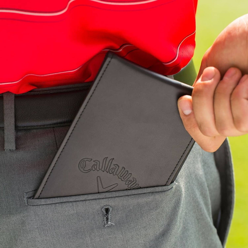 Black leather Callaway scorecard holder with embossed logo and side closure