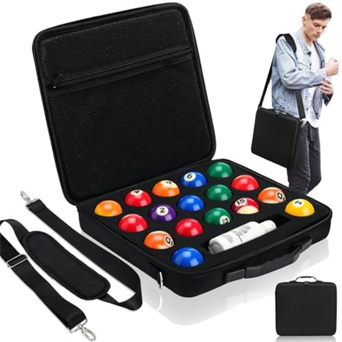 Black billiard ball carrying case open, showing molded tray for pool balls