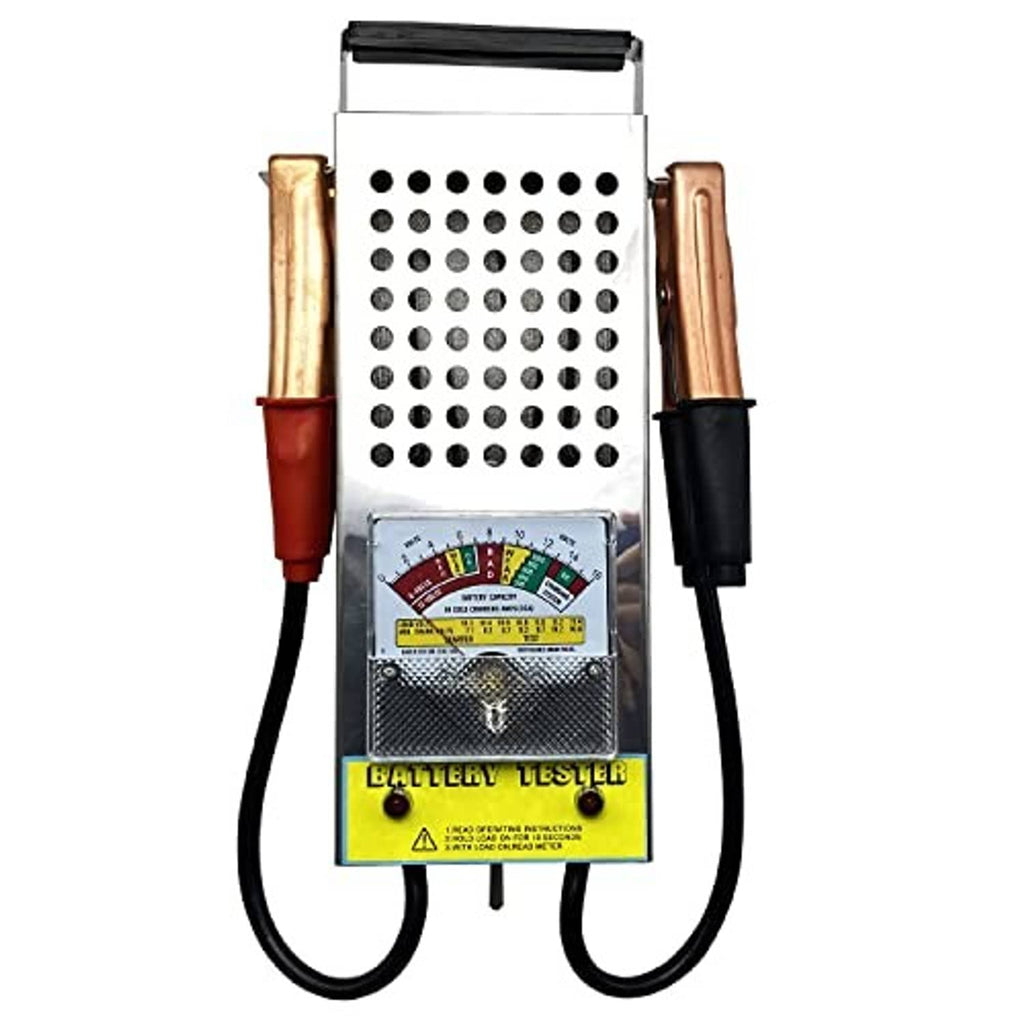 Battery tester unit with analog meter window, grid panel top, and red/black battery clamps