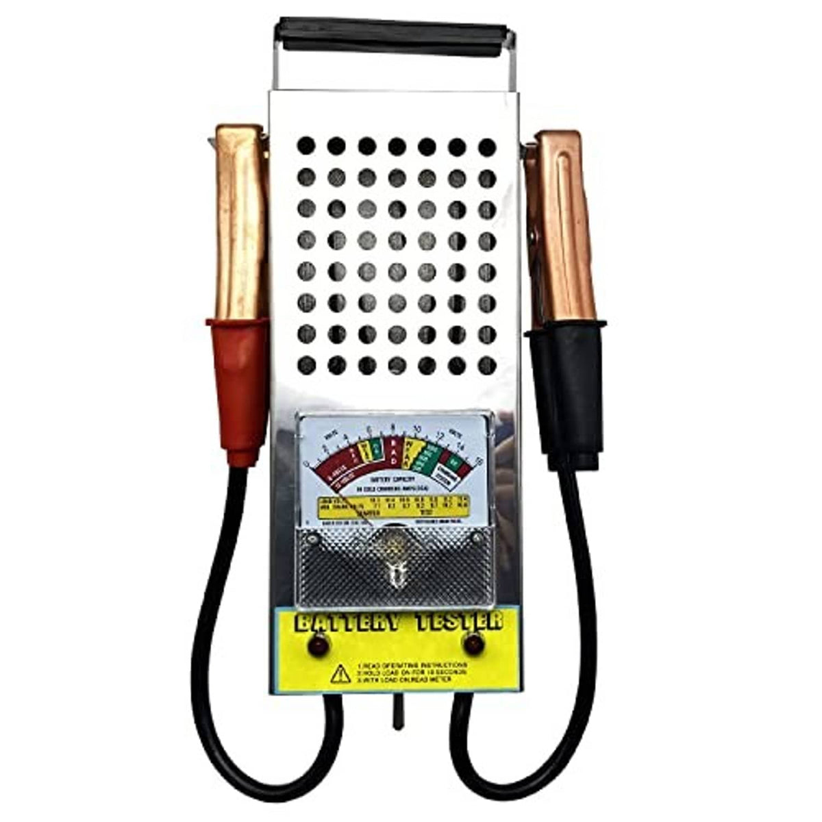 Battery tester unit with analog meter window, grid panel top, and red/black battery clamps