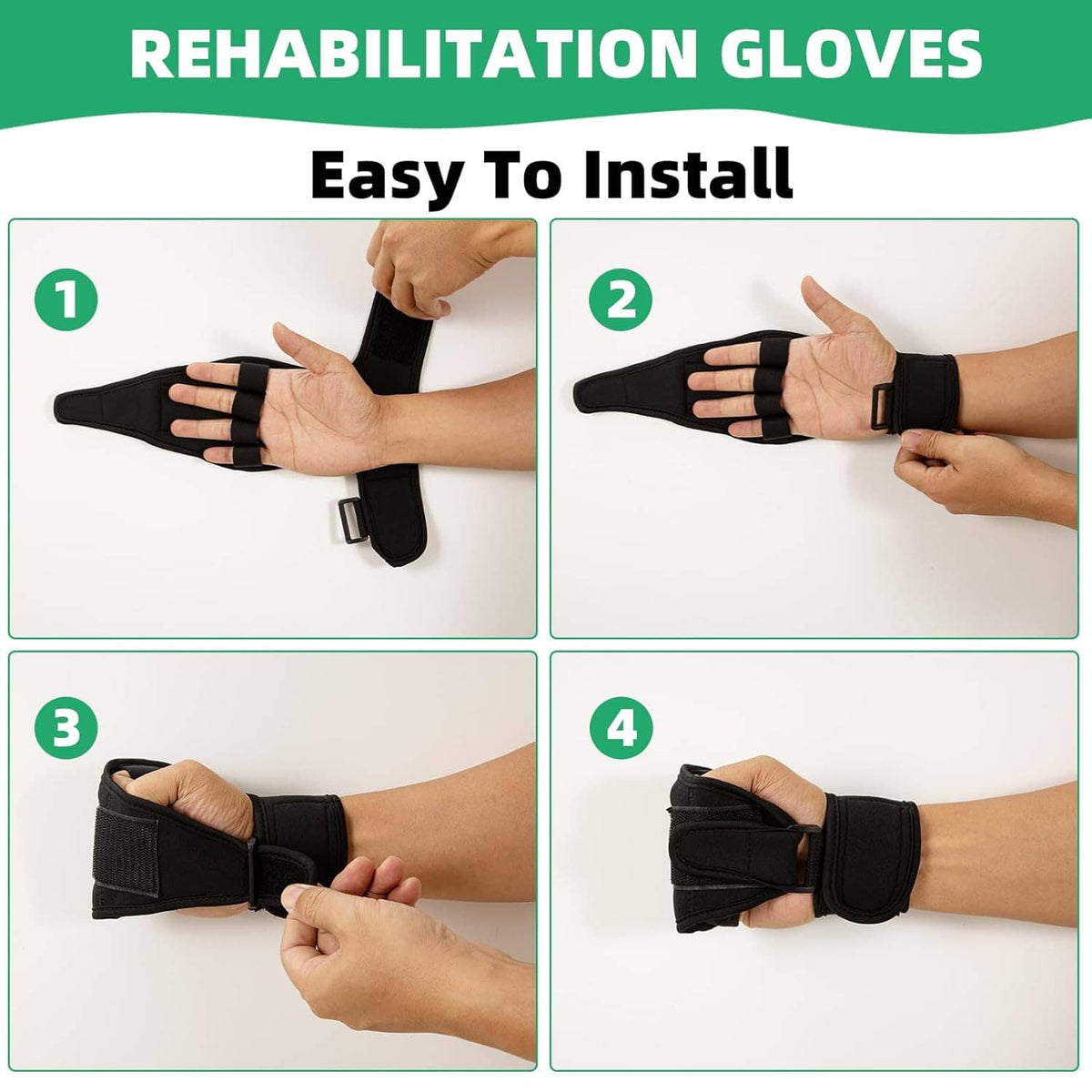 Finger splint brace glove shown being installed on a hand with wrist strap closures