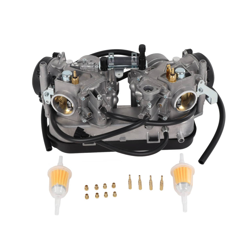 Dual carburetor assembly with two inlet ports, black hoses, and brass fittings