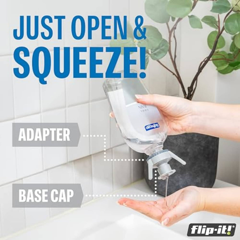 Bottle emptying adapter and base cap with hands inserting a white bottle