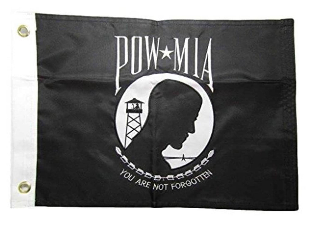 Black embroidered POW*MIA nylon banner with centered white face-and-ring emblem