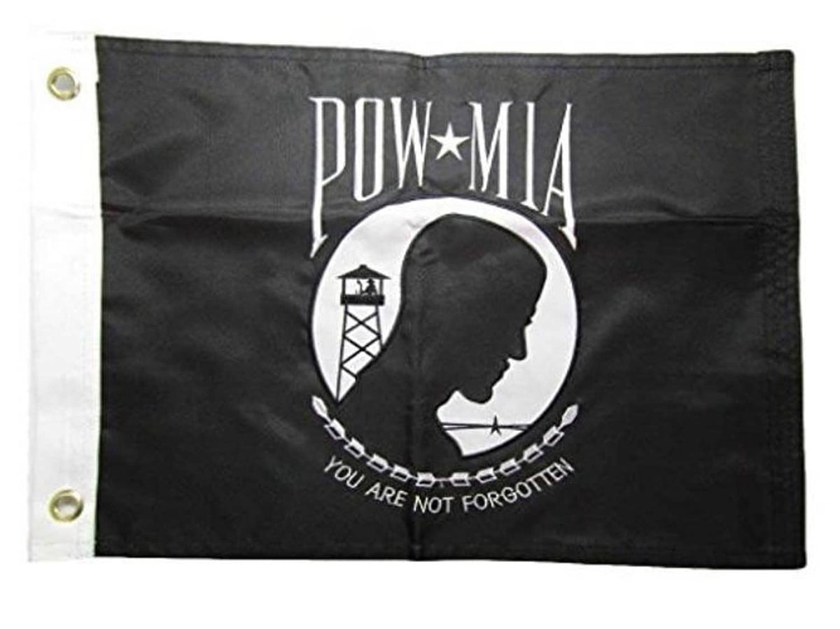 Black embroidered POW*MIA nylon banner with centered white face-and-ring emblem