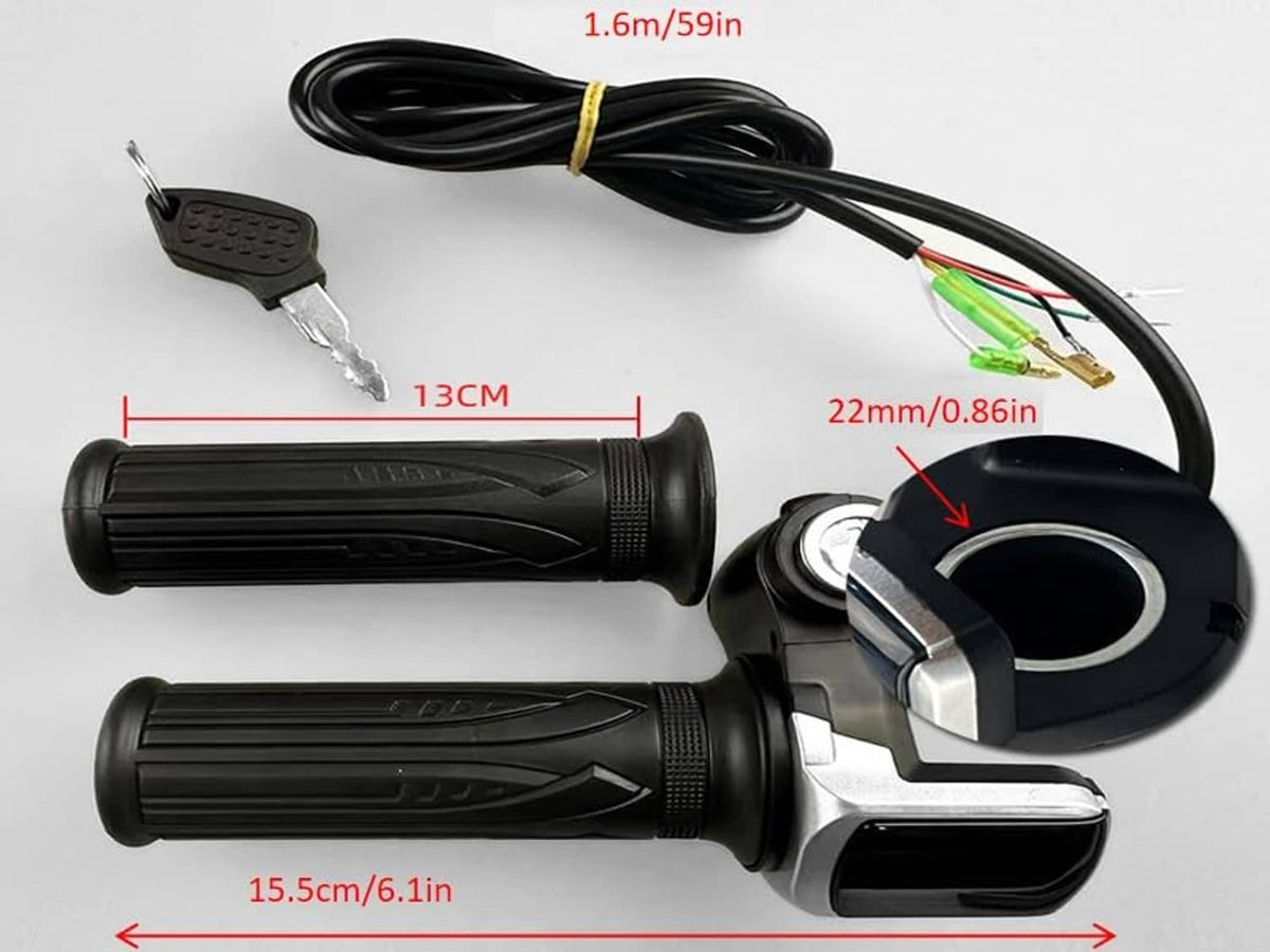 Throttle grip lock set close-up with key cylinder, grips, and colored wire harness