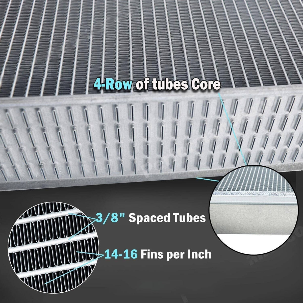 Finned radiator core with dense silver tubes and evenly spaced metal fins