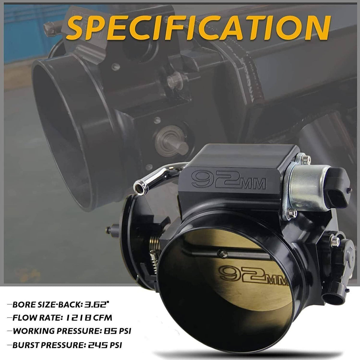92mm throttle body with built-in sensors and throttle cable bracket, angled view