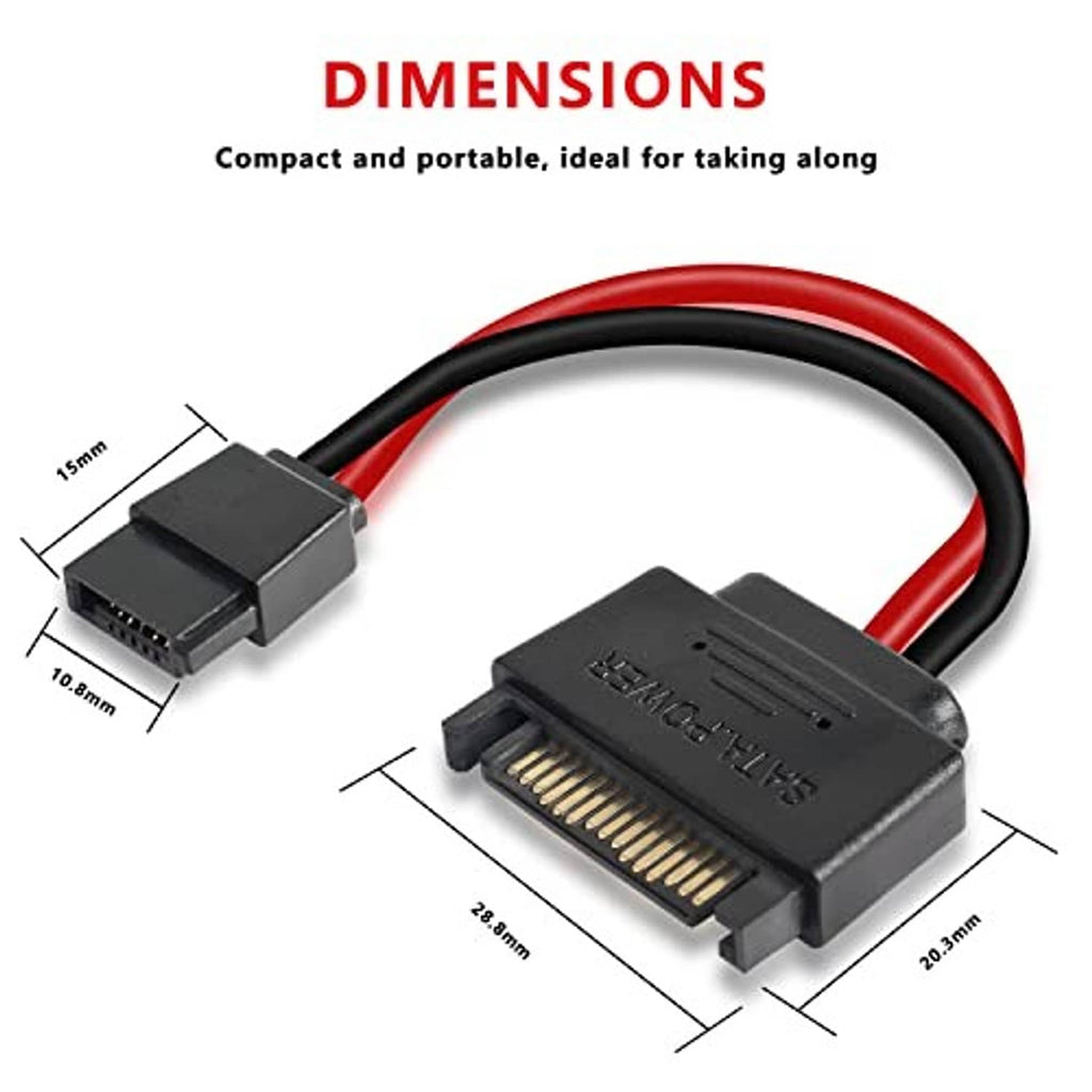 Compact SATA power adapter cable with red and black leads, 15-pin and 6-pin ends