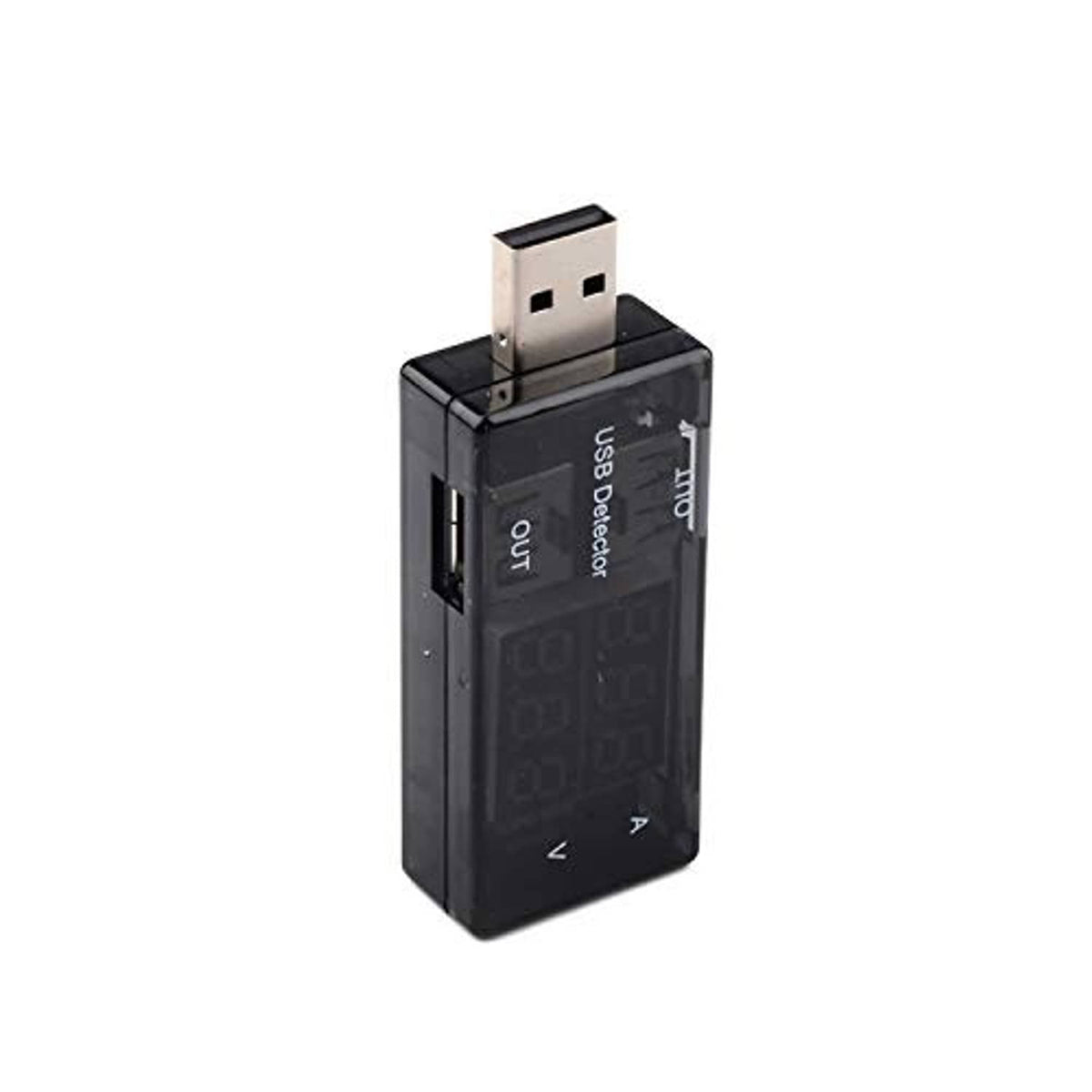 Black USB detector meter with side USB OUT port and vertical USB connector