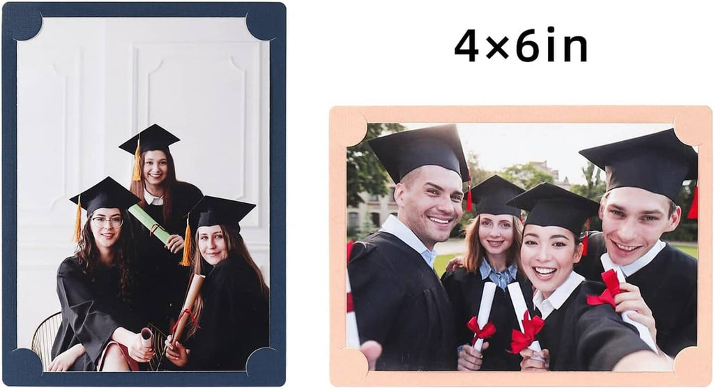 Two 4x6 cardboard photo frames with easel backs, navy and light pink, graduation photos