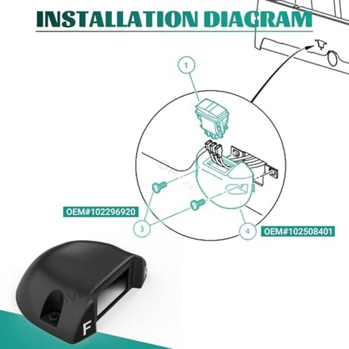 Black forward/reverse rocker switch with diagram-style connector positioning