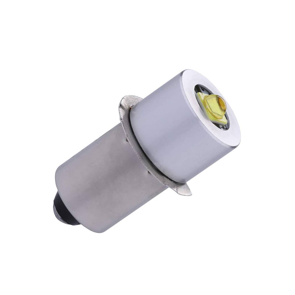 LED flashlight replacement bulb with P13.5S base and frosted lens, silver metal body