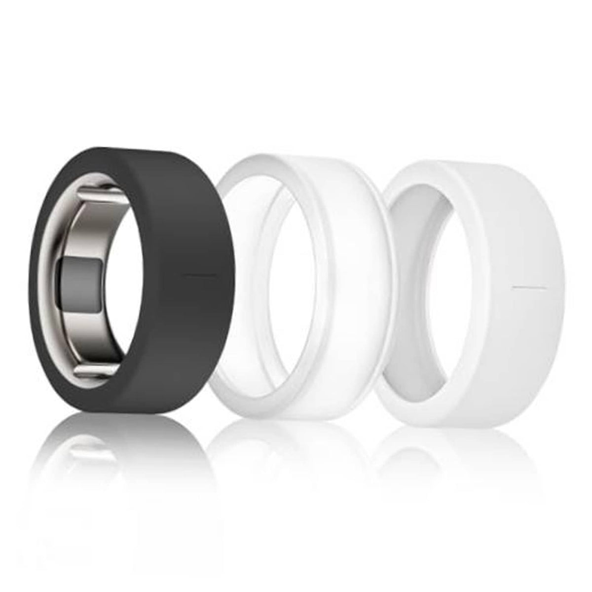 Three silicone ring covers in dark, clear, and white colors stacked for a secure fit