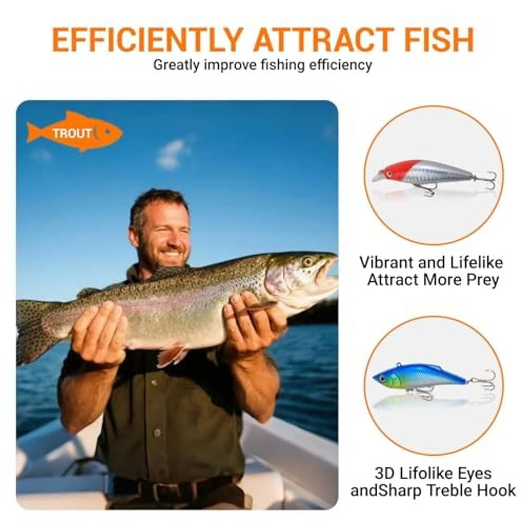 Fishing lure kit features red and blue crankbaits with 3-hook treble heads