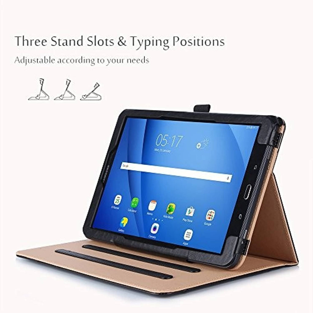 Procase leather folio case propped in typing stand, black with tan base