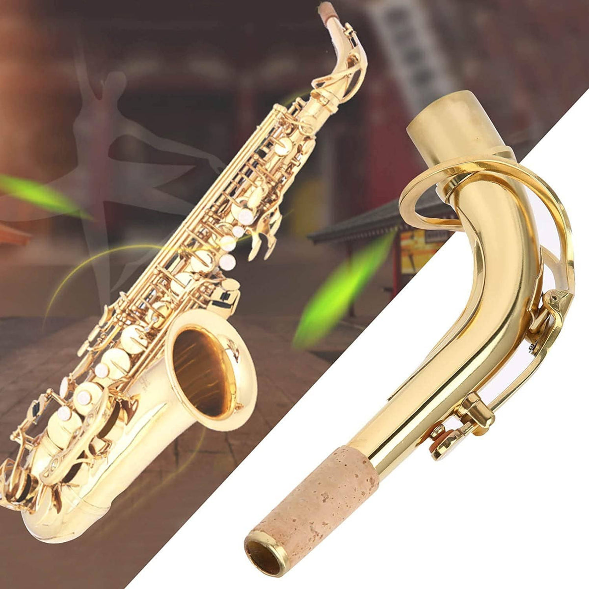 Brass saxophone bend neck assembly with cork grip, attached to saxophone