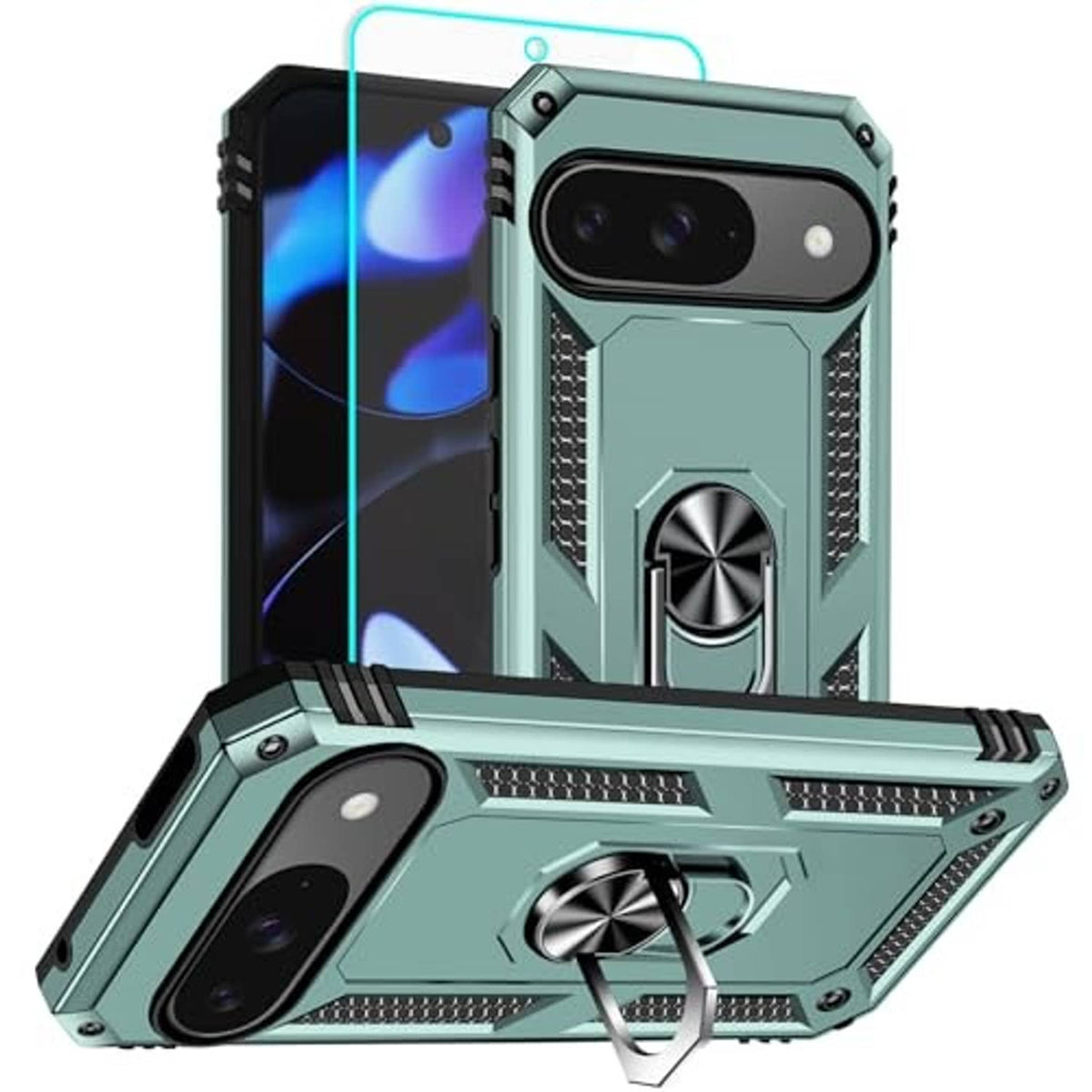 Dark green rugged phone case with raised camera area and built-in metal kickstand ring