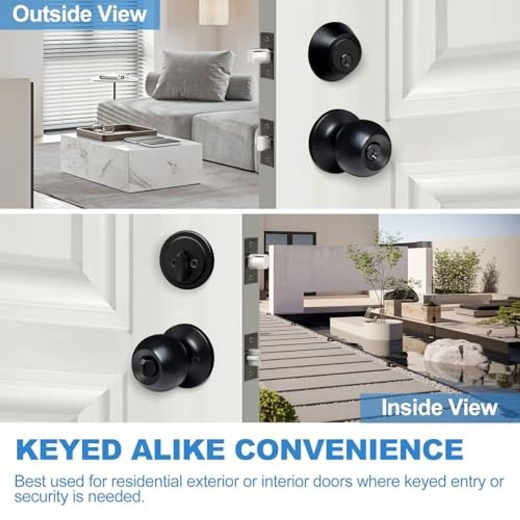 Matte black keyed-alike door knob and deadbolt installed on exterior and interior door panels