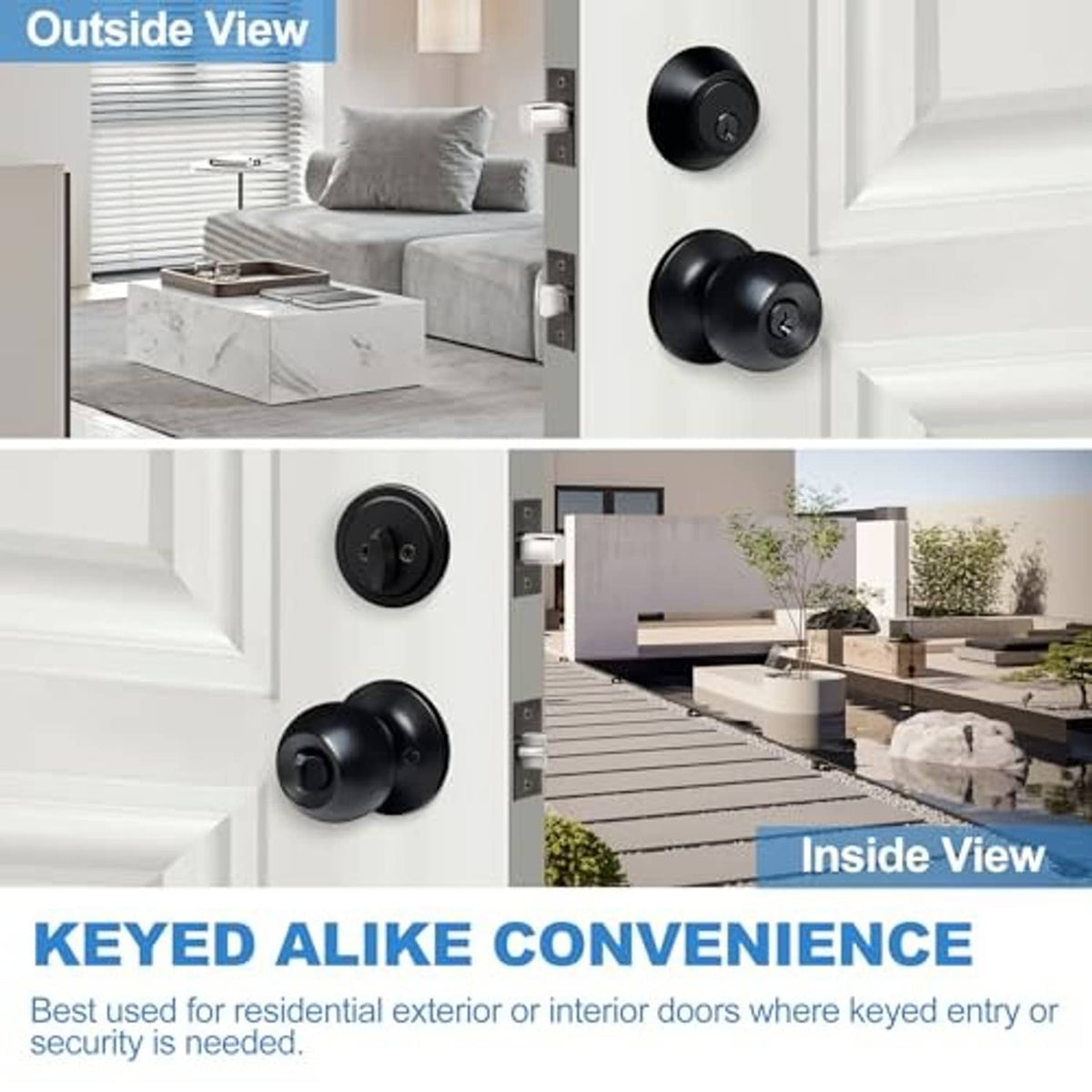 Matte black keyed-alike door knob and deadbolt installed on exterior and interior door panels