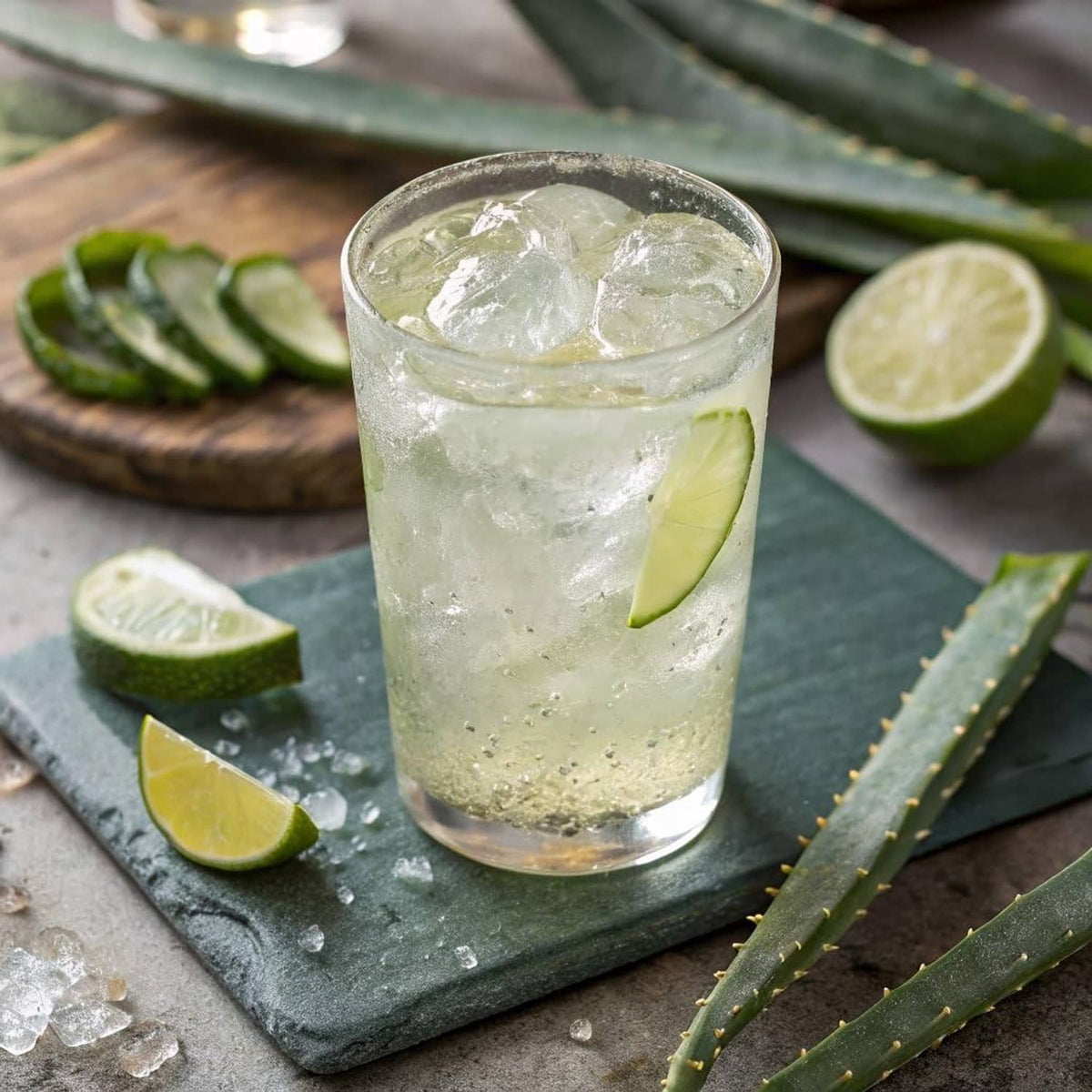 Aloe vera juice drink in glass with ice, aloe leaves and lime wedges