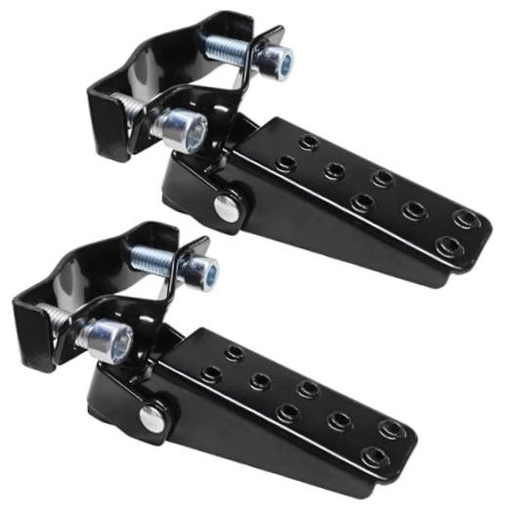 Foldable metal clamp-on motorcycle foot pedals, black with silver screws and bolts