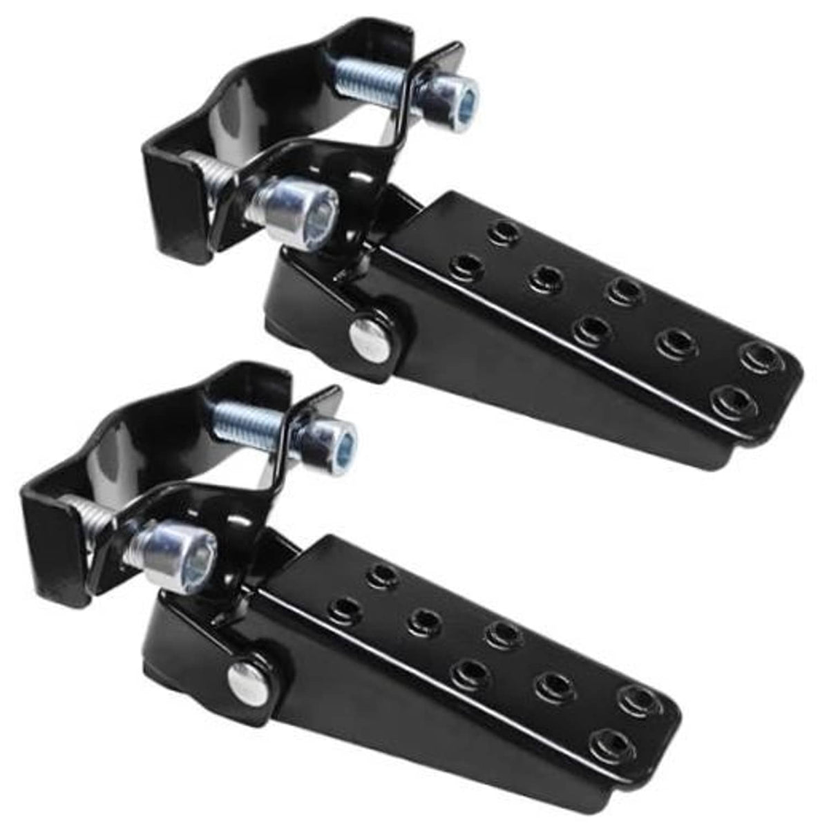 Foldable metal clamp-on motorcycle foot pedals, black with silver screws and bolts