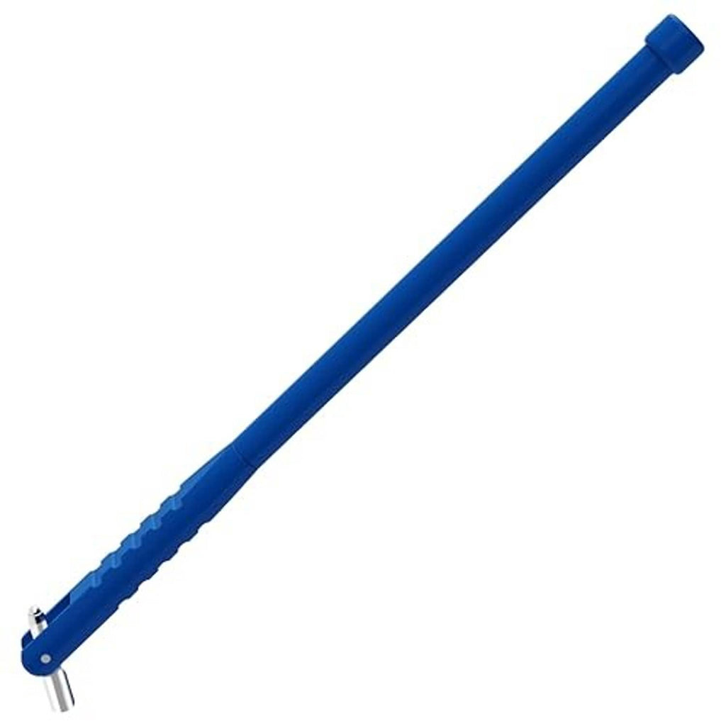 Blue valve puller tool with angled metal head for gripping tire valve stems