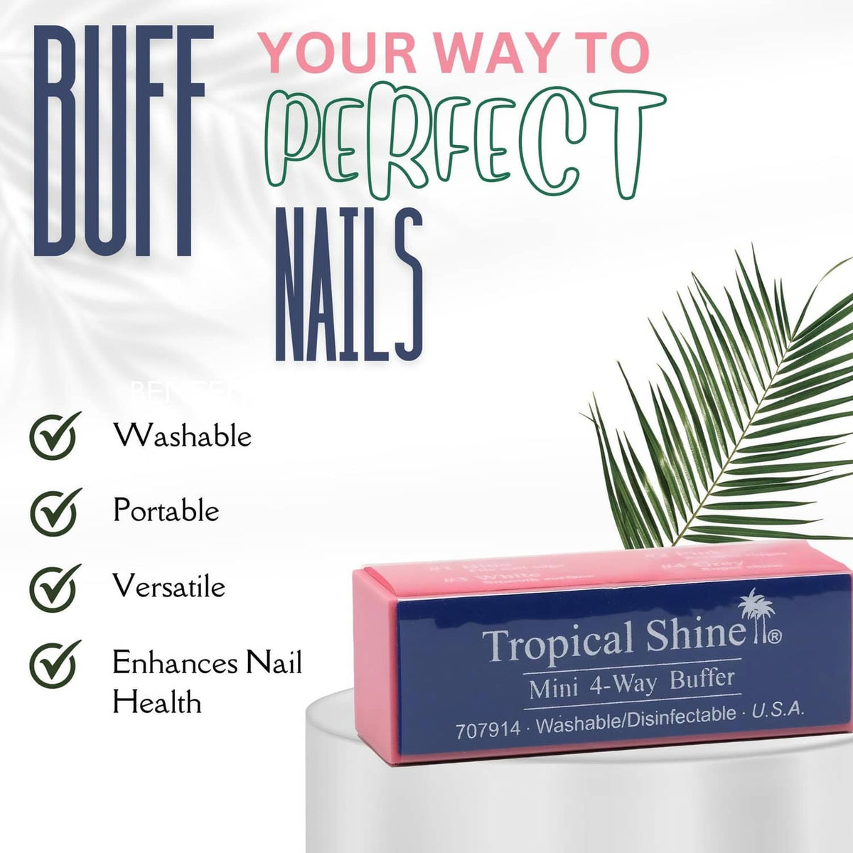 Mini 4-way nail buffer block displayed in a pink and dark navy box