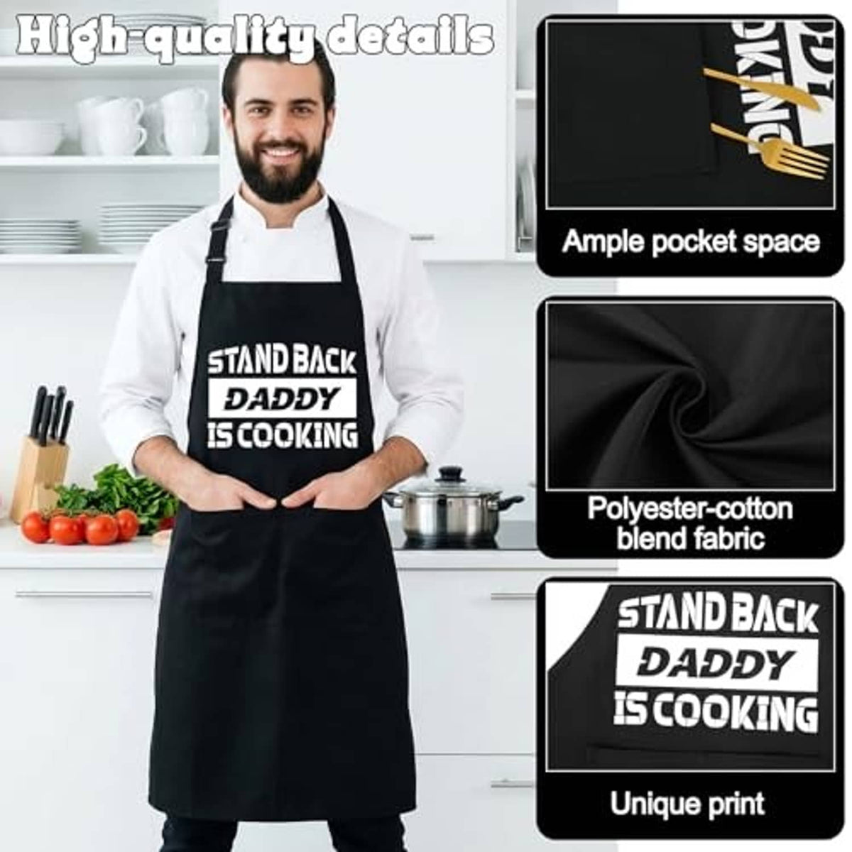 Black apron with front pocket and “STAND BACK DADDY IS COOKING” slogan print