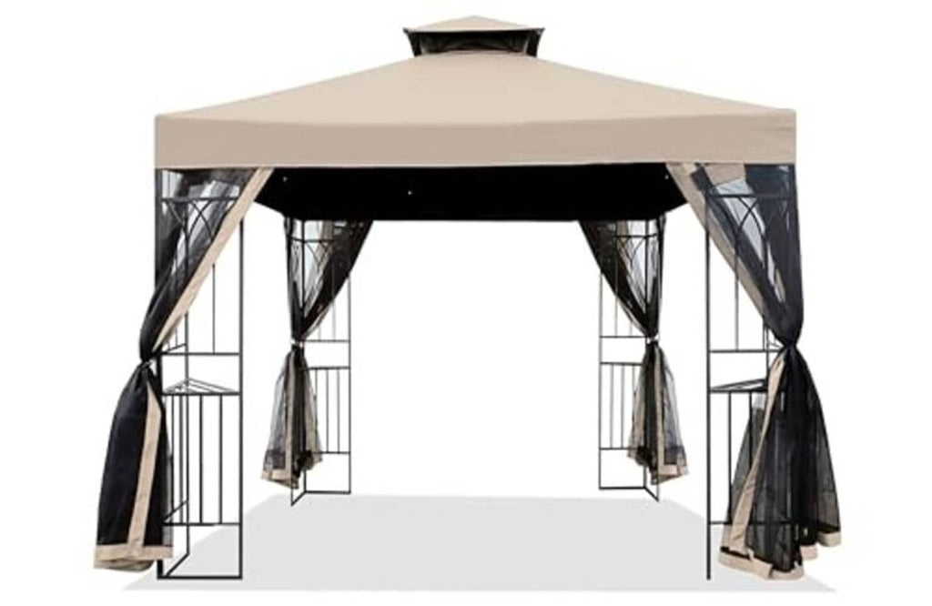 Light beige gazebo replacement cover with black side curtains and valance edges
