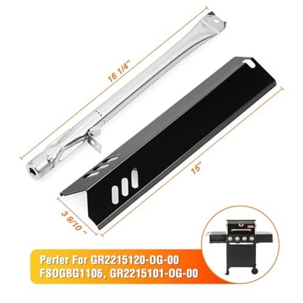 Long black heat plate and stainless burner tube kit with mounting hardware