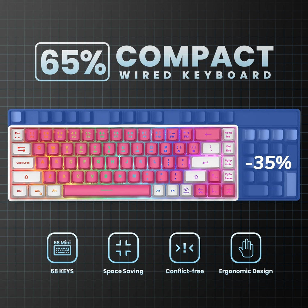 65% compact wired keyboard with pink and white RGB backlit keycaps, small footprint