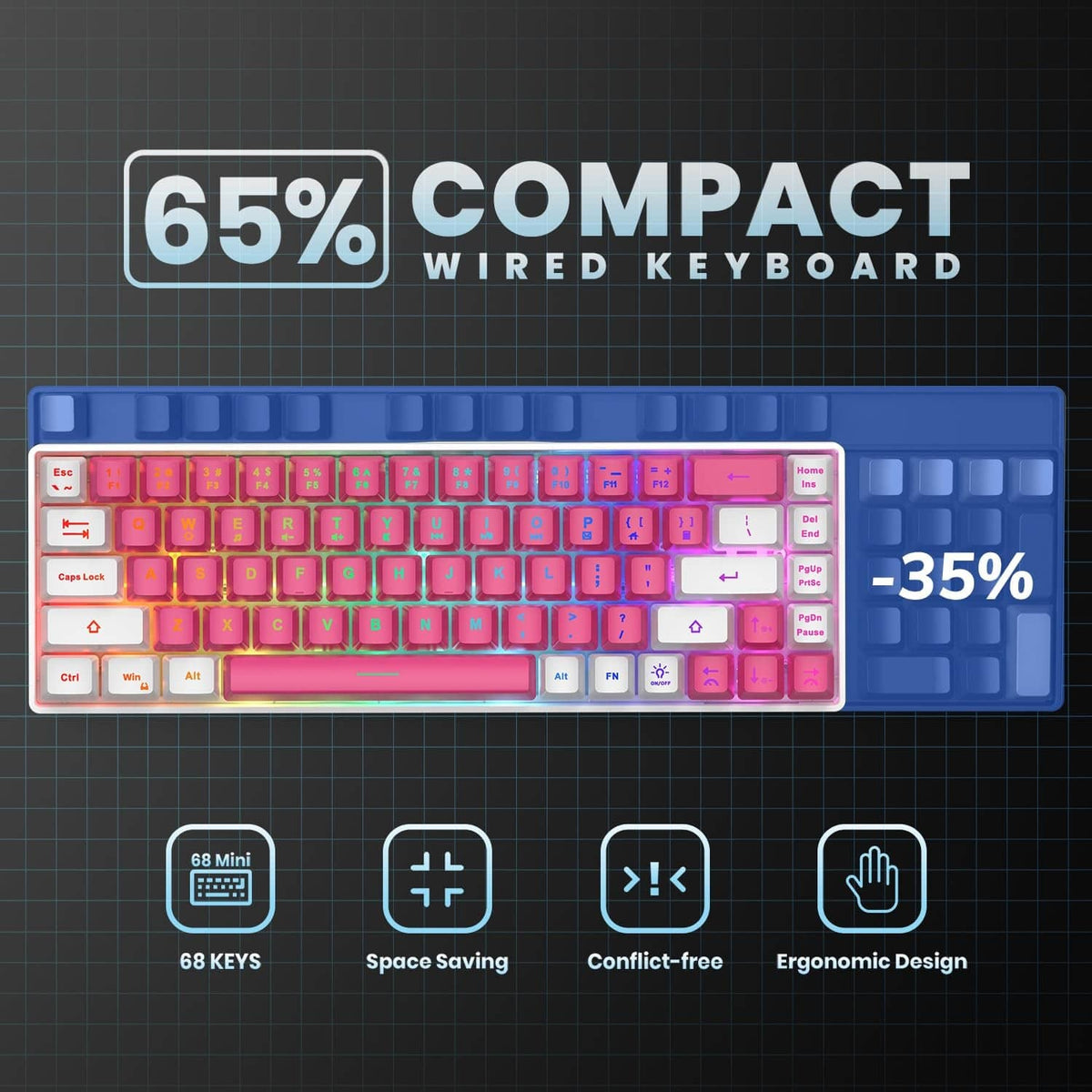 65% compact wired keyboard with pink and white RGB backlit keycaps, small footprint