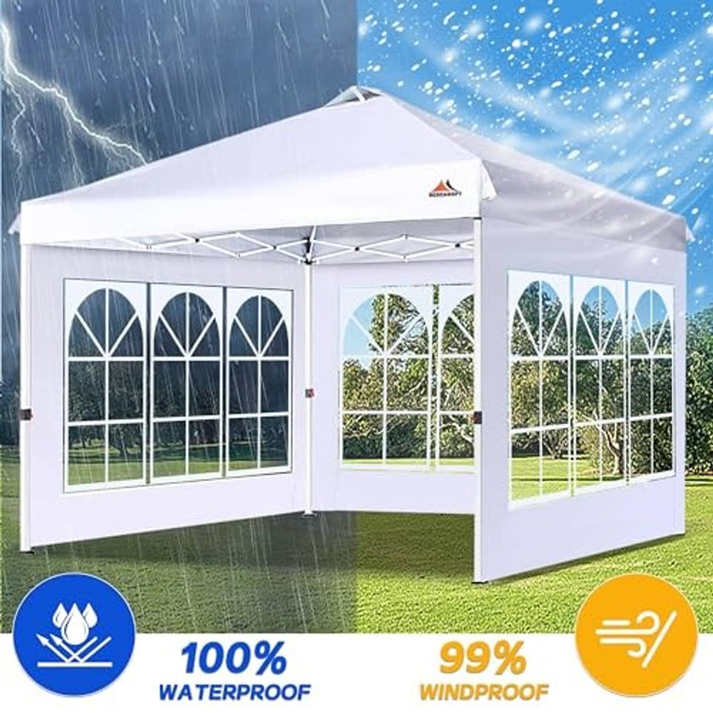 White canopy sidewalls installed with clear three-arched window panels