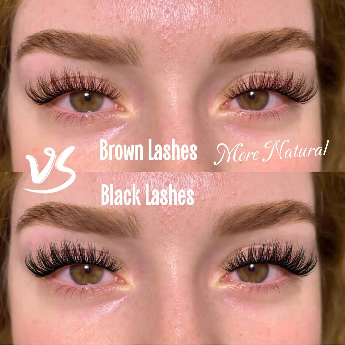 Brown lashes compared with black lashes, natural-looking cat-eye style