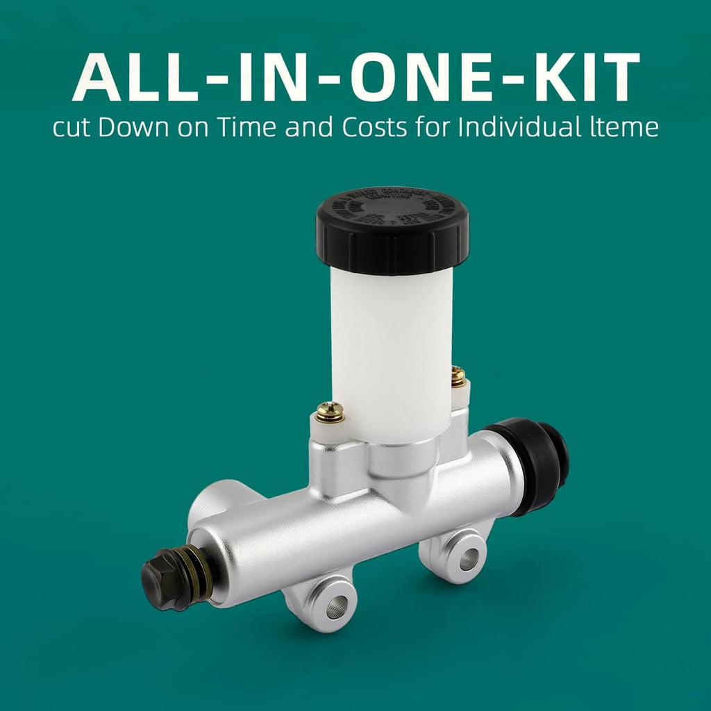 Go-kart brake master cylinder with tall white reservoir and black cap