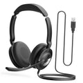 Black over-ear USB headset with boom microphone and attached cable