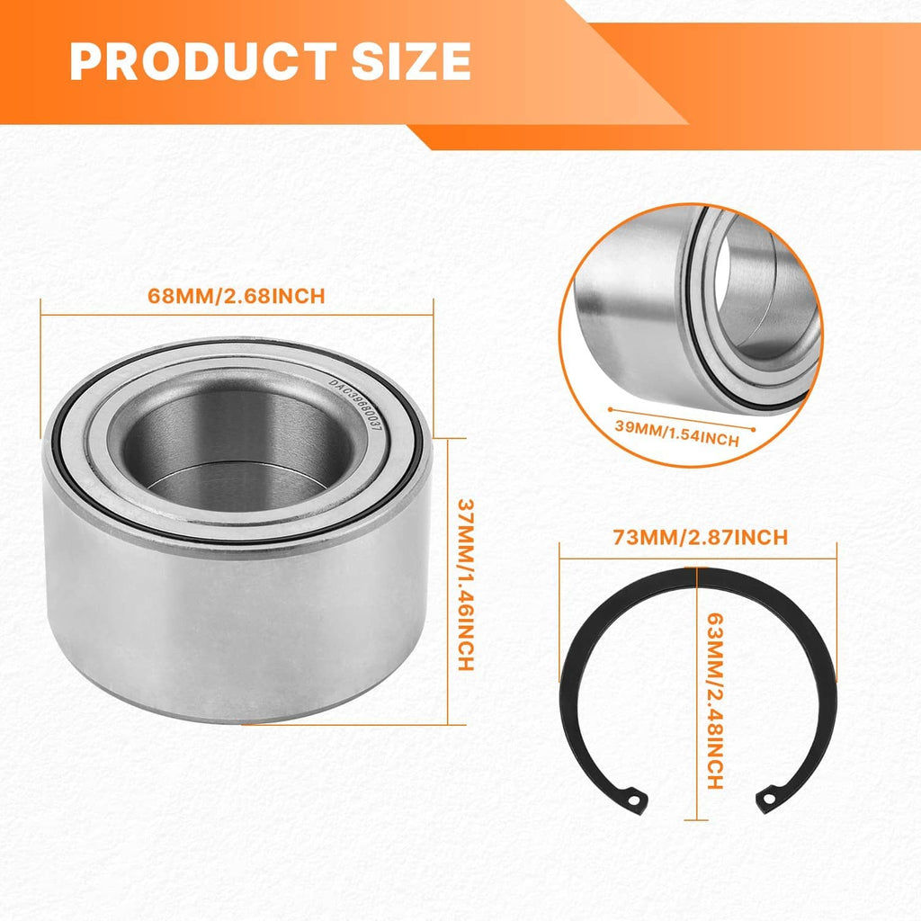 Wheel bearing and retaining clip set with size measurements in inches and mm