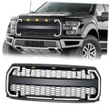 Front grille for F-150 pickup with black mesh, glowing amber LED light bars and DRL strips