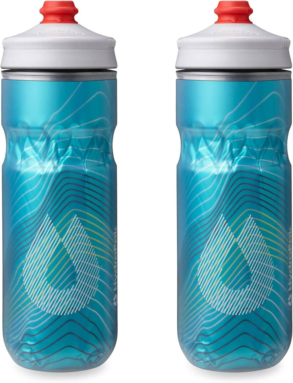 Pair of turquoise-blue insulated bottles with red caps, centered product view