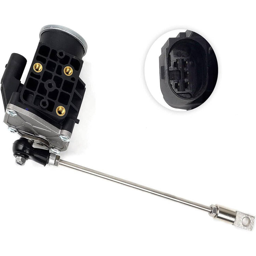 Turbo wastegate actuator assembly with black electrical connector and metal rod