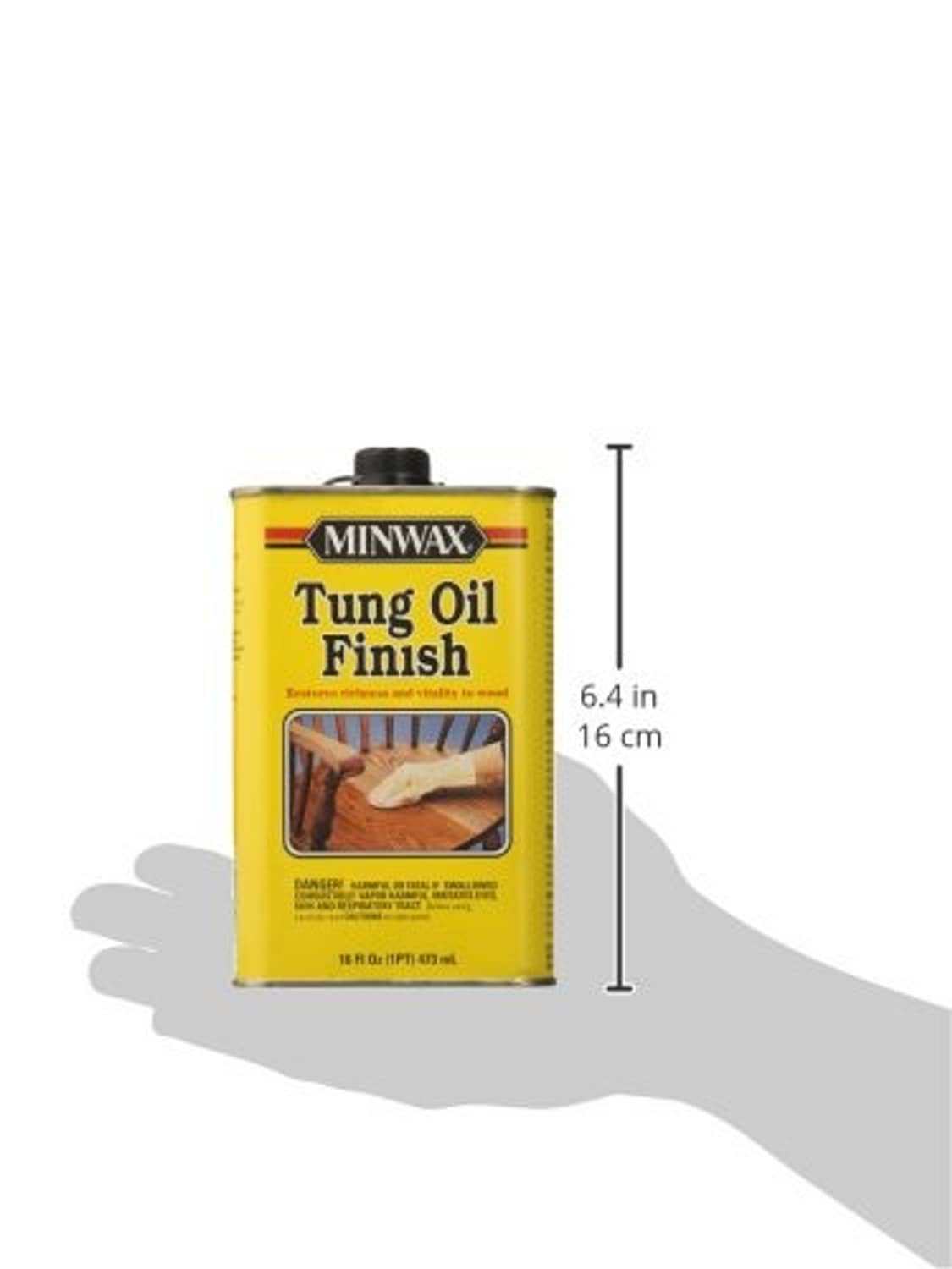 Minwax tung oil finish can with size diagram, 6.4 in vertical marking