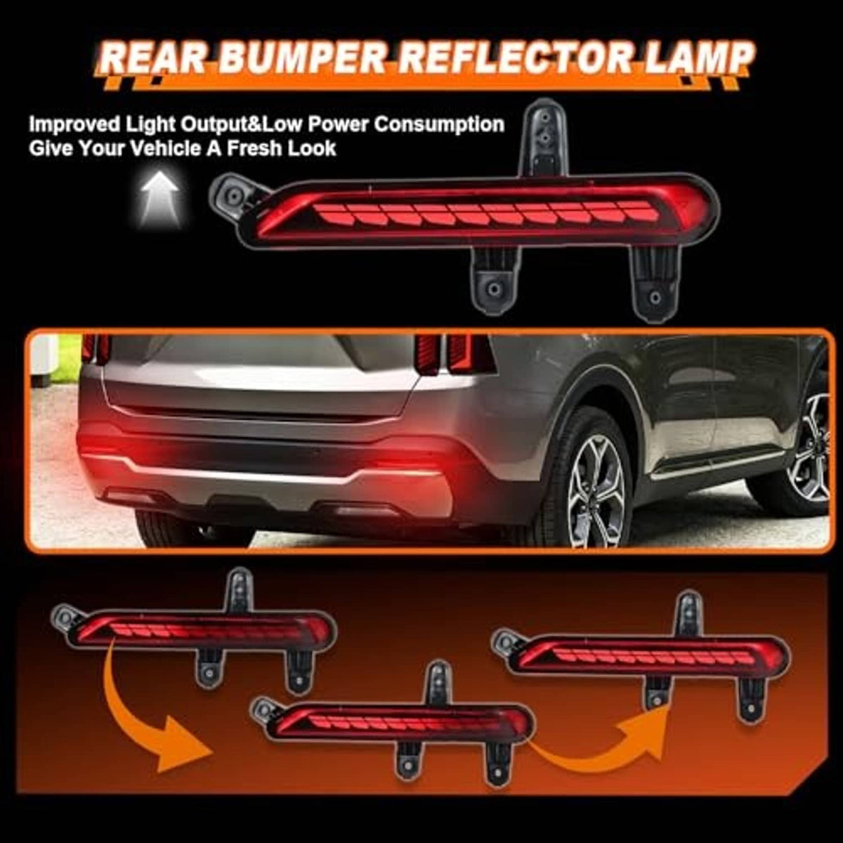 Red LED rear bumper reflector lamp with ribbed lens and mounting brackets.