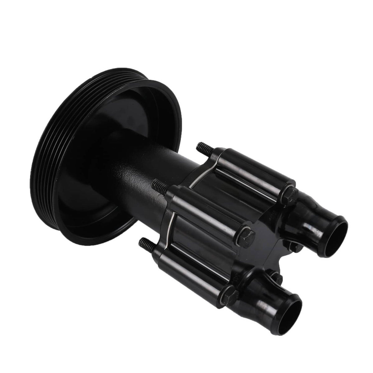 Black marine raw water pump with pulley and attached outlet tubes