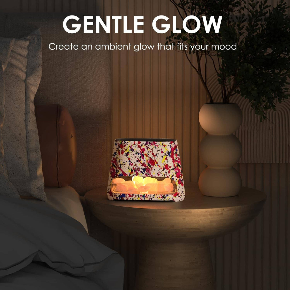 Colorful Himalayan salt lamp on side table, casting a gentle orange glow